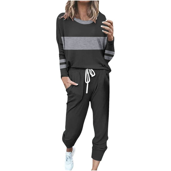 FRSASU Womens Oversized Lounge Sets 2 Piece Outfits Color Block Striped Print Pajama Set Long Sleeve Top Drawstring Pants Fashion Set Dark Gray