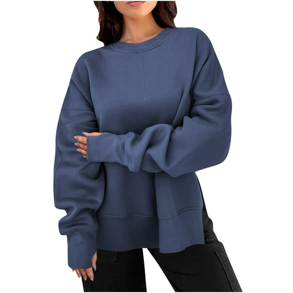FRSASU Womens Oversized Sweatshirts Pullover Casual Crewneck Long Sleeve Tops Comfy solid color hoodless sweatshirt Blue