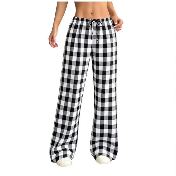 FRSASU Womens Pajama Pants Plaid Stretch Comfy Lounge Pants Drawstring Elastic Waist Sleep Bottoms with Pockets Black