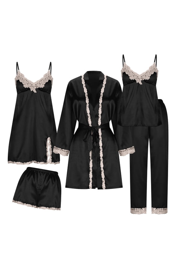 Womens Pajama Sets 5PCS Silk Pajamas for Women Sleepwear Loungewear Satin Pajamas Sets for Women Soft Black