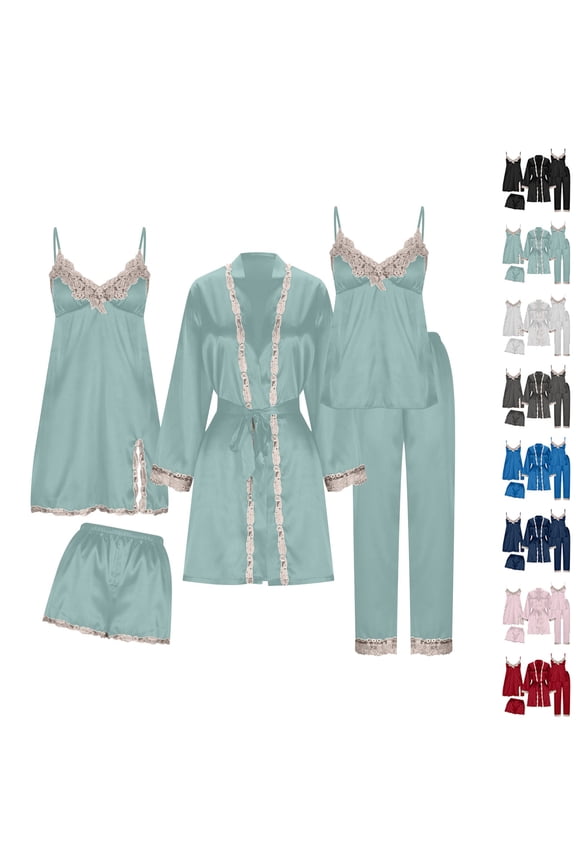 Womens Pajama Sets 5PCS Silk Pajamas for Women Sleepwear Loungewear Satin Pajamas Sets for Women Soft White