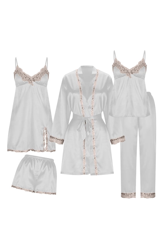 Womens Pajama Sets 5PCS Silk Pajamas for Women Sleepwear Loungewear Satin Pajamas Sets for Women Soft White