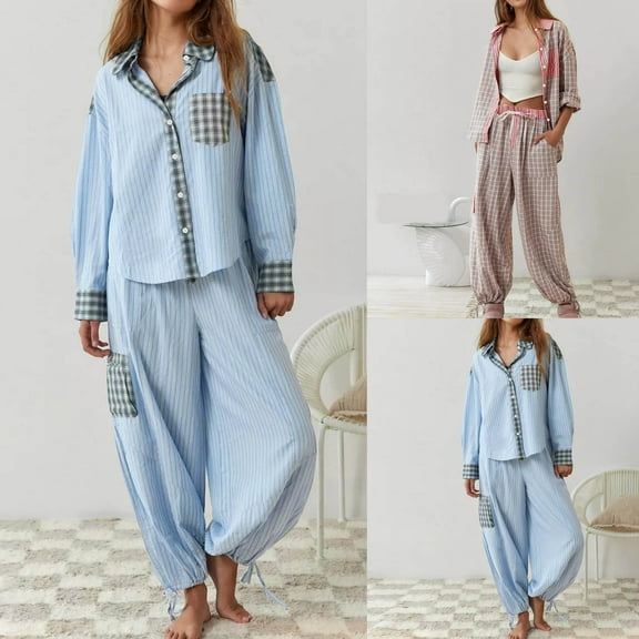 FRSASU Womens Pajama Sets Button Down Sets Soft Long Sleeve Sleepwear Plaid Printed Loungewear with Pockets Light Blue