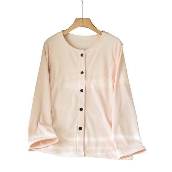 FRSASU Womens Pajama Tops Winter Velvet Long Sleeve Round Neck Button Down Solid Casual Homewear Shirts Tops Beige