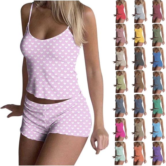 FRSASU Womens Pajamas Set Love Print Casual Sleepwear Soft Sets Tank Top and Shorts Loungewear Loose Home Wear Yellow XL(XL)