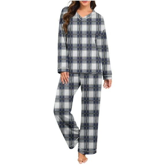 FRSASU Womens Pajamas Set Plaid Printed Fall Long Sleeve Tops and Pants Ladies Plus Size Pajamas Set Winter 2 Piece Loungewear Black