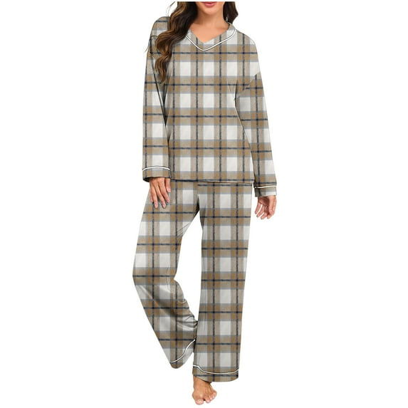 FRSASU Womens Pajamas Set Plaid Printed Fall Long Sleeve Tops and Pants Ladies Plus Size Pajamas Set Winter 2 Piece Loungewear Khaki
