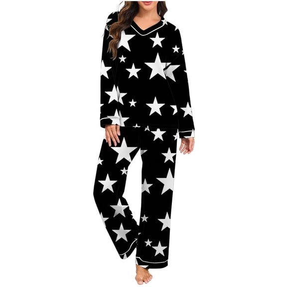 FRSASU Womens Pajamas Sets 2 Piece Lounge Set Star Printed Fall Winter Long Sleeve V Sleeve Top Loose Pants Sleepwear Set Black