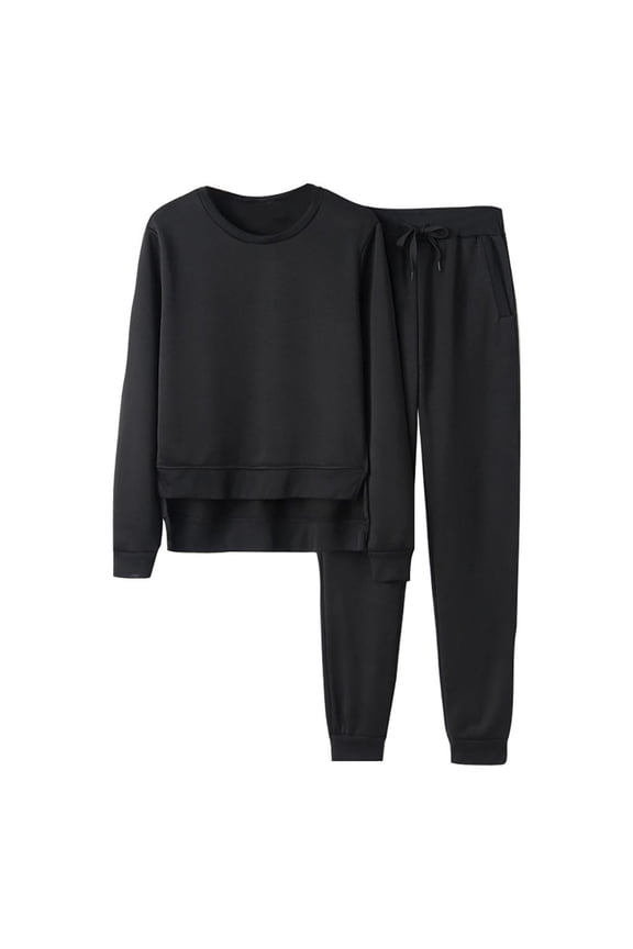 Womens Pant Sets 2 Piece Outfits Track Suit Sweatsuit Long Sleeve High-Low Slit Hem Top Sweatshirt Jogger Set Black