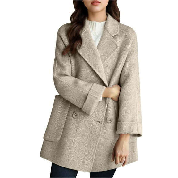 FRSASU Womens Pea Coat Notch Lapel Double Breasted Trench Coat Fall Winter Overcoat Long Jacket with Pockets Khaki