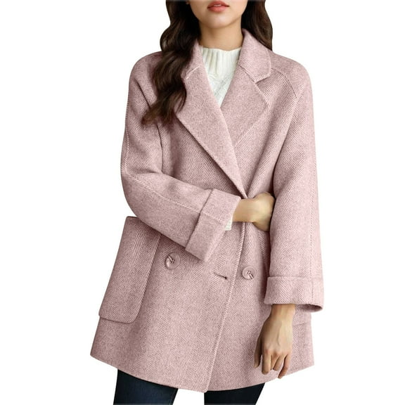 FRSASU Womens Pea Coat Notch Lapel Double Breasted Trench Coat Fall Winter Overcoat Long Jacket with Pockets Pink