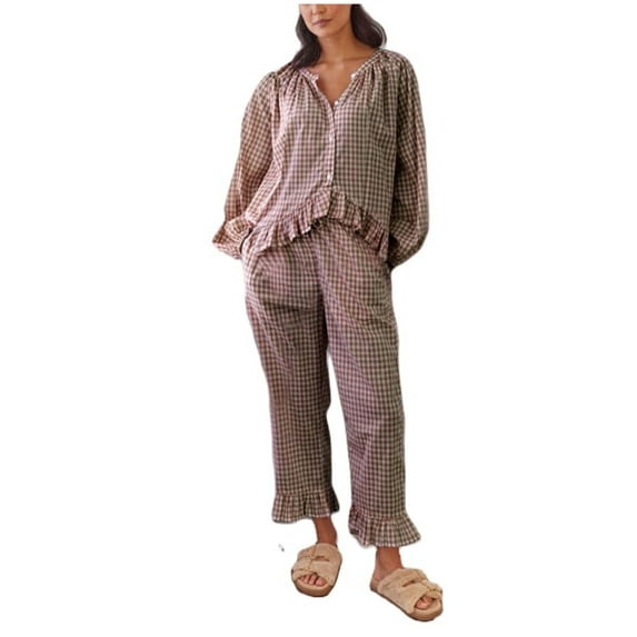 FRSASU Womens Plaid 2 Piece Pajamas Sets Gingham Button Down V Neck Puff Sleeve Shirts Ruffle Pants Lounge Set Brown