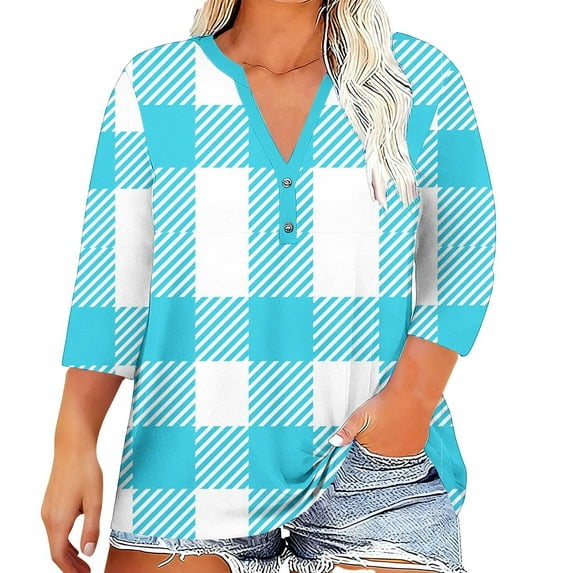 FRSASU Womens Plus Size Long Sleeve Tops V Neck Plaid Printed 3/4 Shirts Basic Loose Casual Work Blouses Sky Blue