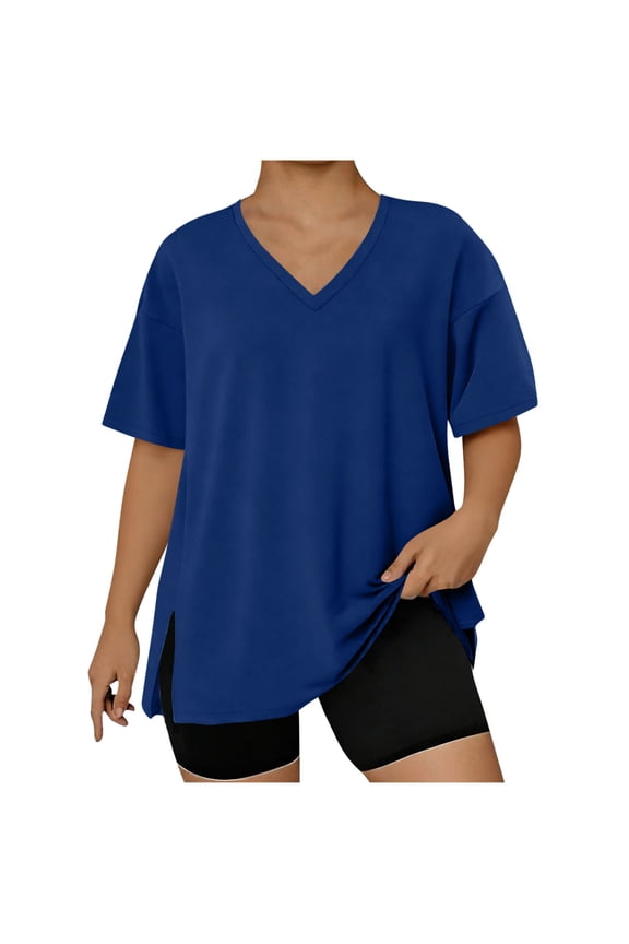 Womens Plus Size Short Sleeve T Shirt V Neck High Low Tops Blouse Tunics with Side Split Blue