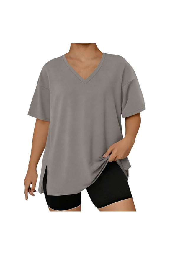 Womens Plus Size Short Sleeve T Shirt V Neck High Low Tops Blouse Tunics with Side Split Gray