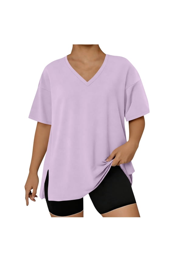 Womens Plus Size Short Sleeve T Shirt V Neck High Low Tops Blouse Tunics with Side Split Watermelon Red