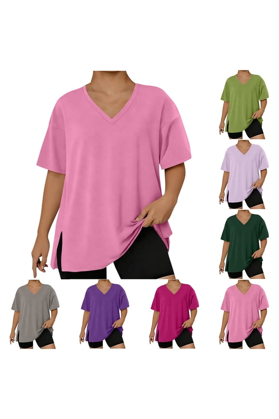 Womens Plus Size Short Sleeve T Shirt V Neck High Low Tops Blouse Tunics with Side Split Watermelon Red