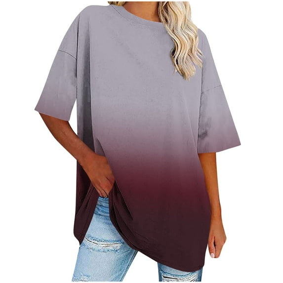 FRSASU Womens Plus Size Tops Basic Summer Shirts Short Sleeve Round Neck Gradient Color Casual T-Shirt Loose Fits Gray