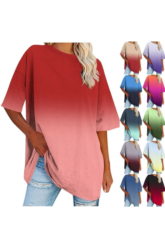 Womens Plus Size Tops Basic Summer Shirts Short Sleeve Round Neck Gradient Color Casual T-Shirt Loose Fits Yellow