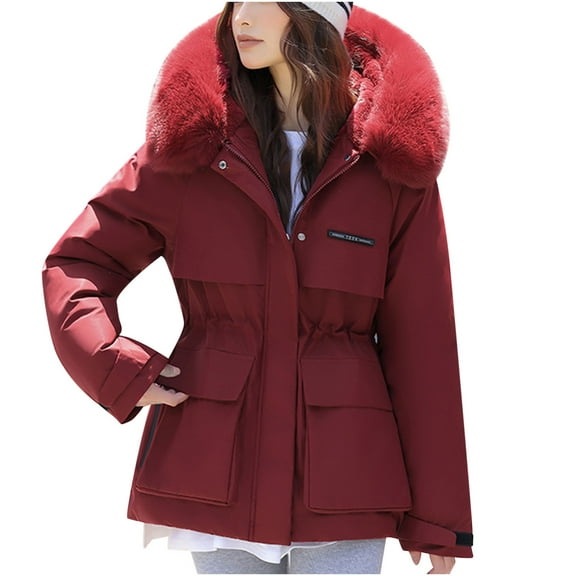 FRSASU Womens Puffer Winter Coats - Long Quilted Jackets for Women Weather Resistant Puffer Parka Hooded Jacket Red