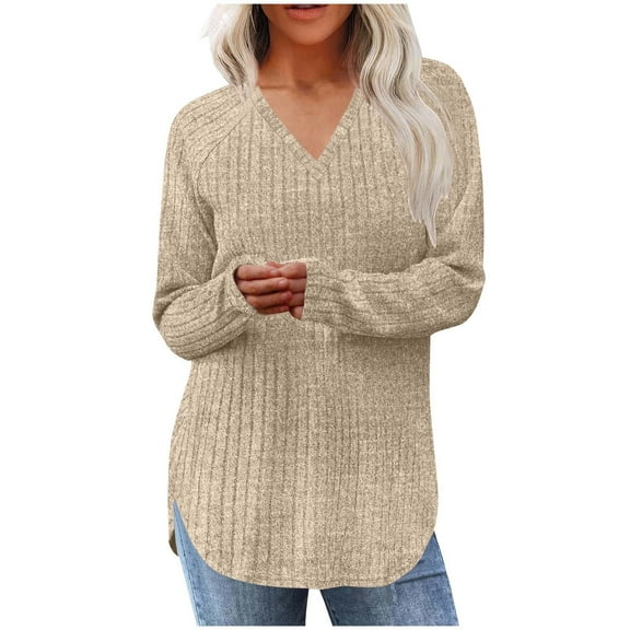 FRSASU Womens Pullover Sweaters Solid Color Casual Long Sleeve V Neck Hem Slit Loose Knit Tops Beige