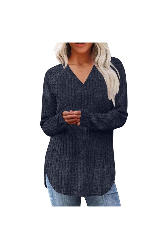 Womens Pullover Sweaters Solid Color Casual Long Sleeve V Neck Hem Slit Loose Knit Tops Dark Blue