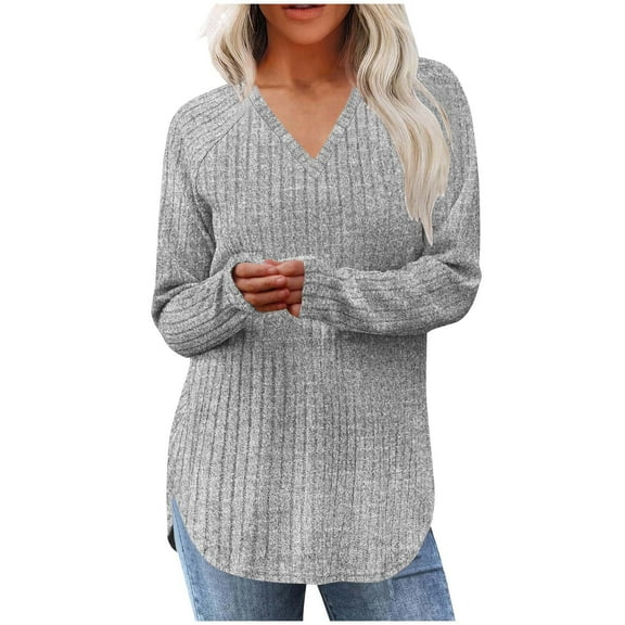 FRSASU Womens Pullover Sweaters Solid Color Casual Long Sleeve V Neck Hem Slit Loose Knit Tops Gray