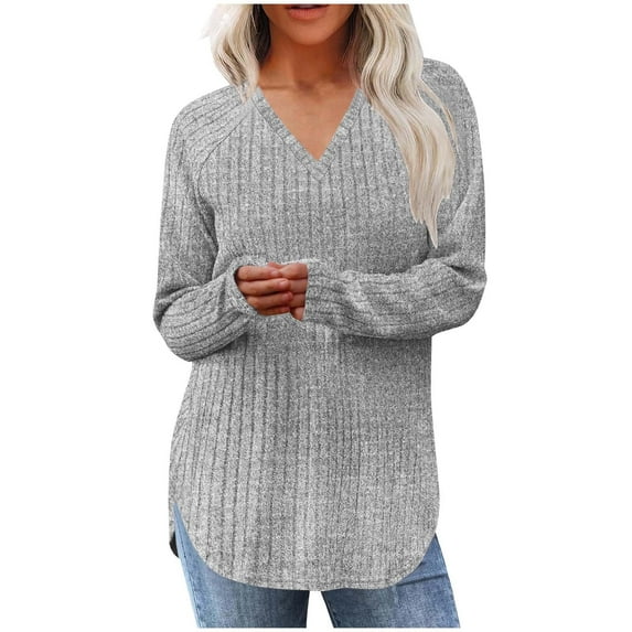 FRSASU Womens Pullover Sweaters Solid Color Casual Long Sleeve V Neck Hem Slit Loose Knit Tops Gray