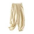 thumbnail image 1 of FRSASU Womens Ramie Cropped Pants Solid Color Double Layer Loose Fit Wide Leg Casual Elastic Waist Trousers Beige M(M), 1 of 7