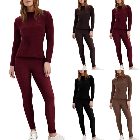 FRSASU Womens Ribbed Knit Lounge Set 2 Piece Outfits Long Sleeve Pajama Set Loungewear Jogging Sweatsuits Wine