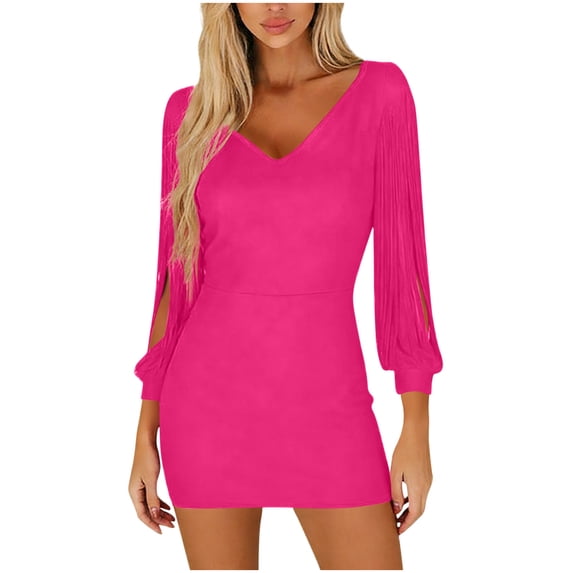 FRSASU Womens Ribbed Knit Sweater Dress Casual Long Sleeve V-Neck Bodycon Mini Dress Hot Pink