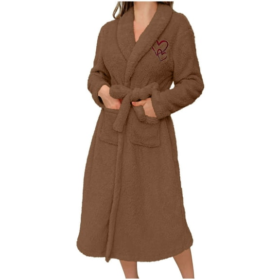 FRSASU Womens Robe Love Embroidered Bathrobe Belted Soft Bathrobes Plush Kimono with Pockets Fall Winter Spa Short Sleeping Robe Brown