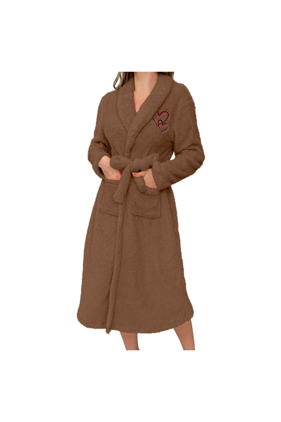 Womens Robe Love Embroidered Bathrobe Belted Soft Bathrobes Plush Kimono with Pockets Fall Winter Spa Short Sleeping Robe Brown