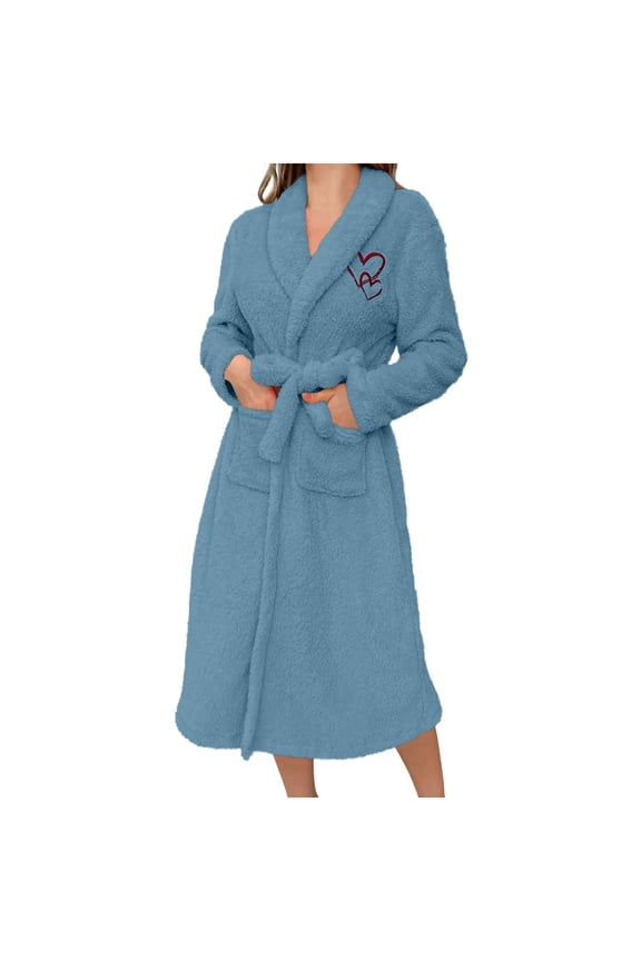 Womens Robe Love Embroidered Bathrobe Belted Soft Bathrobes Plush Kimono with Pockets Fall Winter Spa Short Sleeping Robe Dark Blue