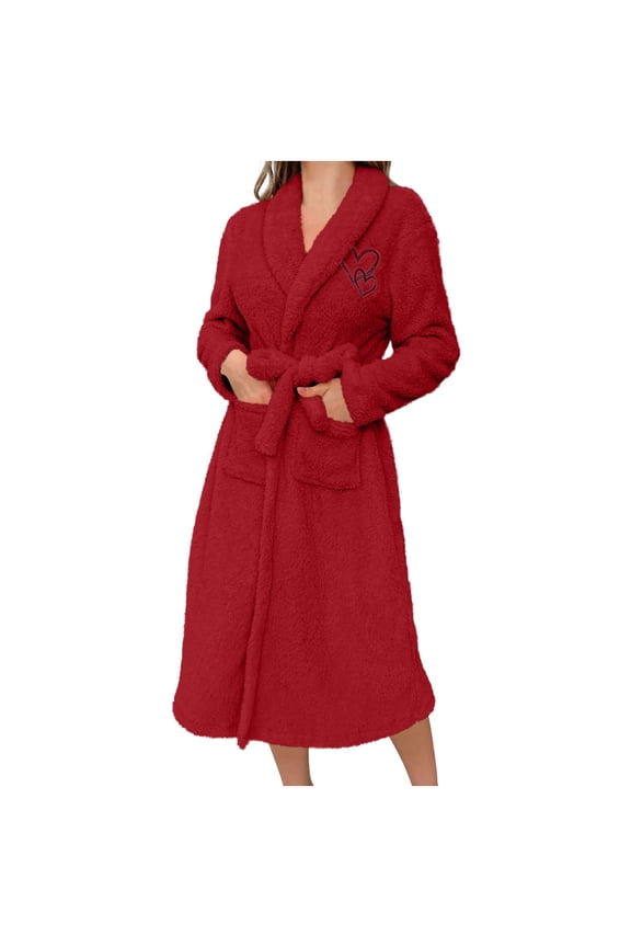 Womens Robe Love Embroidered Bathrobe Belted Soft Bathrobes Plush Kimono with Pockets Fall Winter Spa Short Sleeping Robe Red