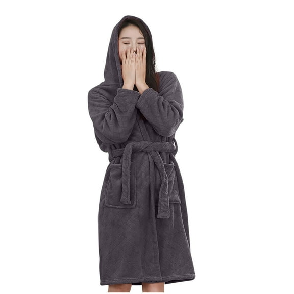 FRSASU Womens Robes Plush Fleece Hooded Bathrobe Thick Nightgown with Pockets Solid Color Fluffy Sleepwear