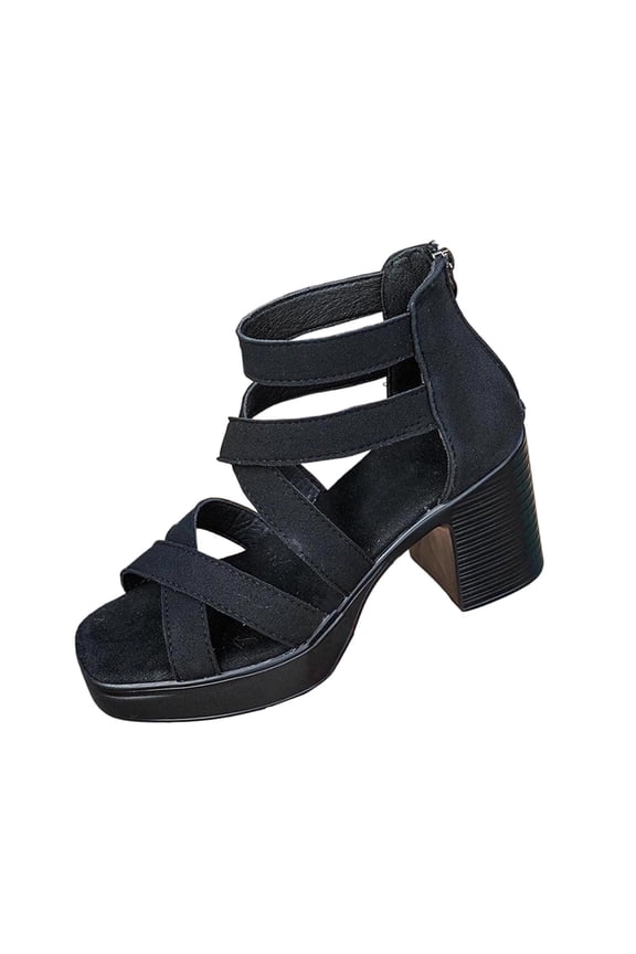 Womens Roman Cross Strap Sandals,Suede Open Toe Platform Shoes, Casual Chunky High Heels Solid Sandals Black