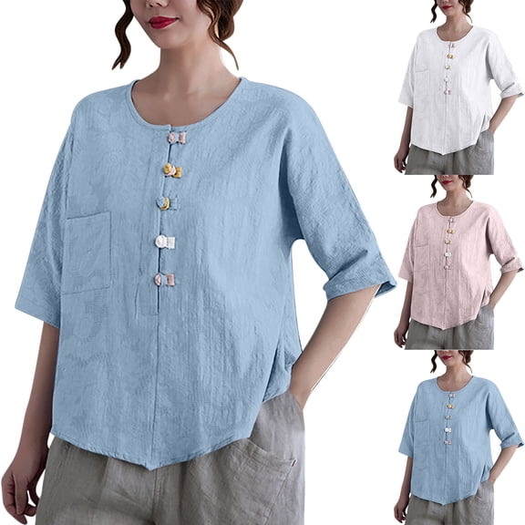 FRSASU Womens Round Neck Button Down Shirts Cotton Linen Short Sleeve Tops V Neck Casual Loose Fit Blouses White