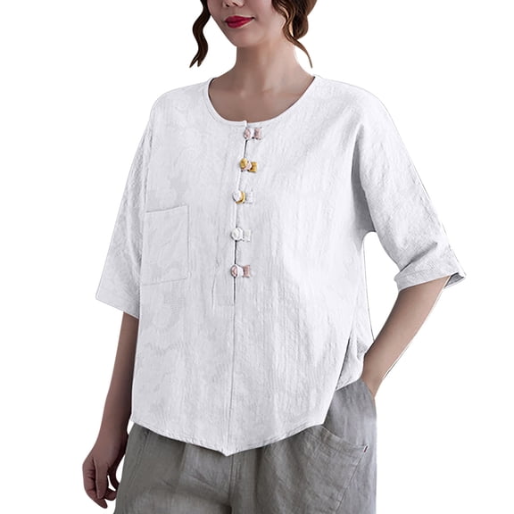 FRSASU Womens Round Neck Button Down Shirts Cotton Linen Short Sleeve Tops V Neck Casual Loose Fit Blouses White