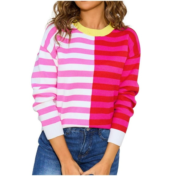 FRSASU Womens Round Neck Casual Knitted Sweater Striped Patchwork Fall Winter Soft Warm Pullover Sweater Tops Hot Pink M(M)