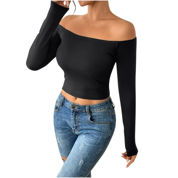 FRSASU Womens Round Neck Long Sleeve Shirts Solid Casual Slim Fitted Comfy off Shoulder Fashion Tops Black S(S)