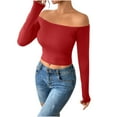 thumbnail image 1 of FRSASU Womens Round Neck Long Sleeve Shirts Solid Casual Slim Fitted Comfy off Shoulder Fashion Tops Red L(L), 1 of 4