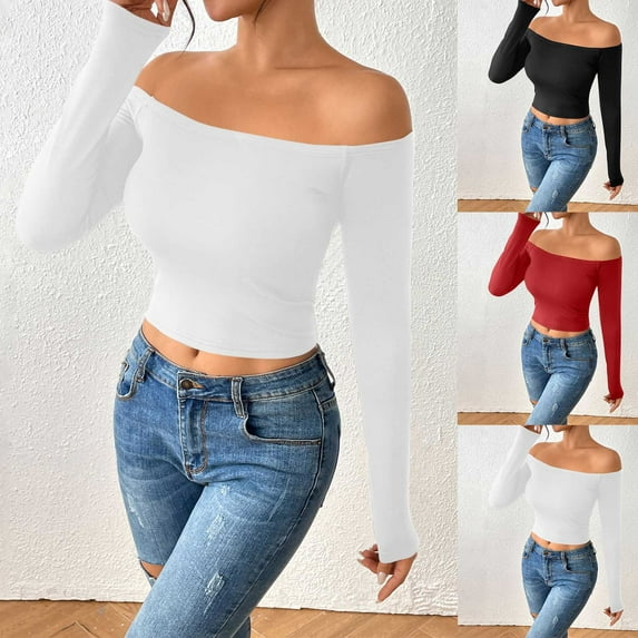 FRSASU Womens Round Neck Long Sleeve Shirts Solid Casual Slim Fitted Comfy off Shoulder Fashion Tops White S(S)