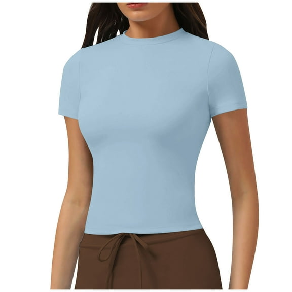FRSASU Womens Round Neck Short Sleeve Shirts Solid Color Casual Slim Fitted Sport Tops Blouses Sky Blue