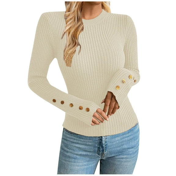 FRSASU Womens Round Neck Sweaters Shirts Long Sleeve Solid Button Lightweight Knit Pullover Sweater Blouse Tops Beige