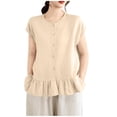 thumbnail image 1 of FRSASU Womens Ruffle Hem Shirts Short Sleeve Peplum Cardigans Crew Neck Button Cotton Linen Tops Beige, 1 of 9
