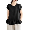 thumbnail image 1 of FRSASU Womens Ruffle Hem Shirts Short Sleeve Peplum Cardigans Crew Neck Button Cotton Linen Tops Black, 1 of 9