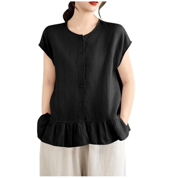 FRSASU Womens Ruffle Hem Shirts Short Sleeve Peplum Cardigans Crew Neck Button Cotton Linen Tops Black