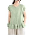 thumbnail image 1 of FRSASU Womens Ruffle Hem Shirts Short Sleeve Peplum Cardigans Crew Neck Button Cotton Linen Tops Mint Green, 1 of 9