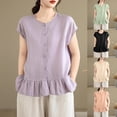 thumbnail image 1 of FRSASU Womens Ruffle Hem Shirts Short Sleeve Peplum Cardigans Crew Neck Button Cotton Linen Tops Purple, 1 of 9